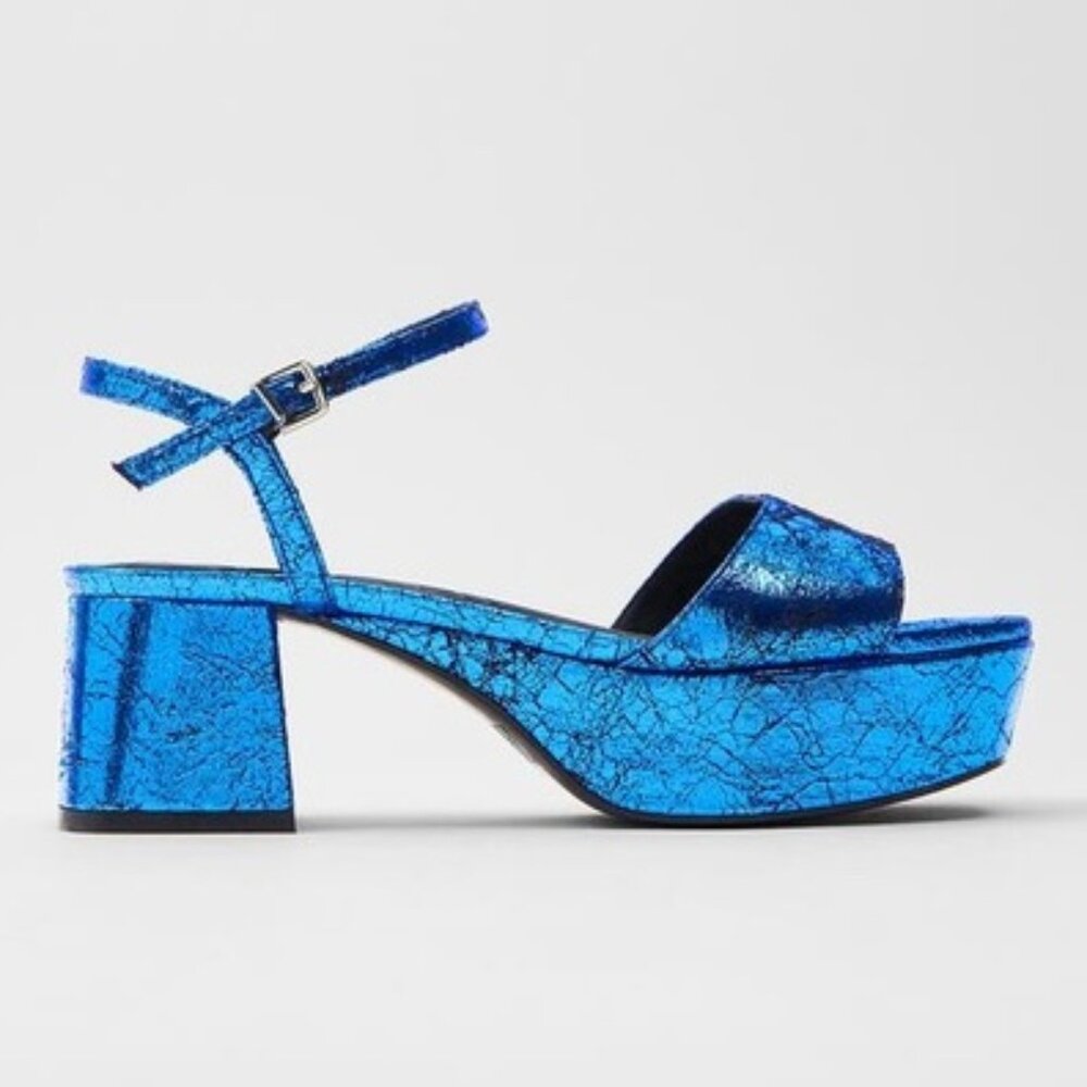 ZARA Metallic Blue Platform Heeled sandals sz37 6.5